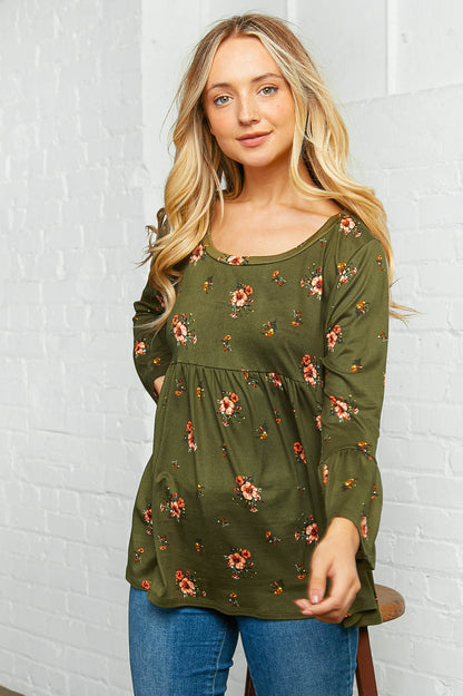 Olive Floral Bell Sleeve Babydoll Peplum Top