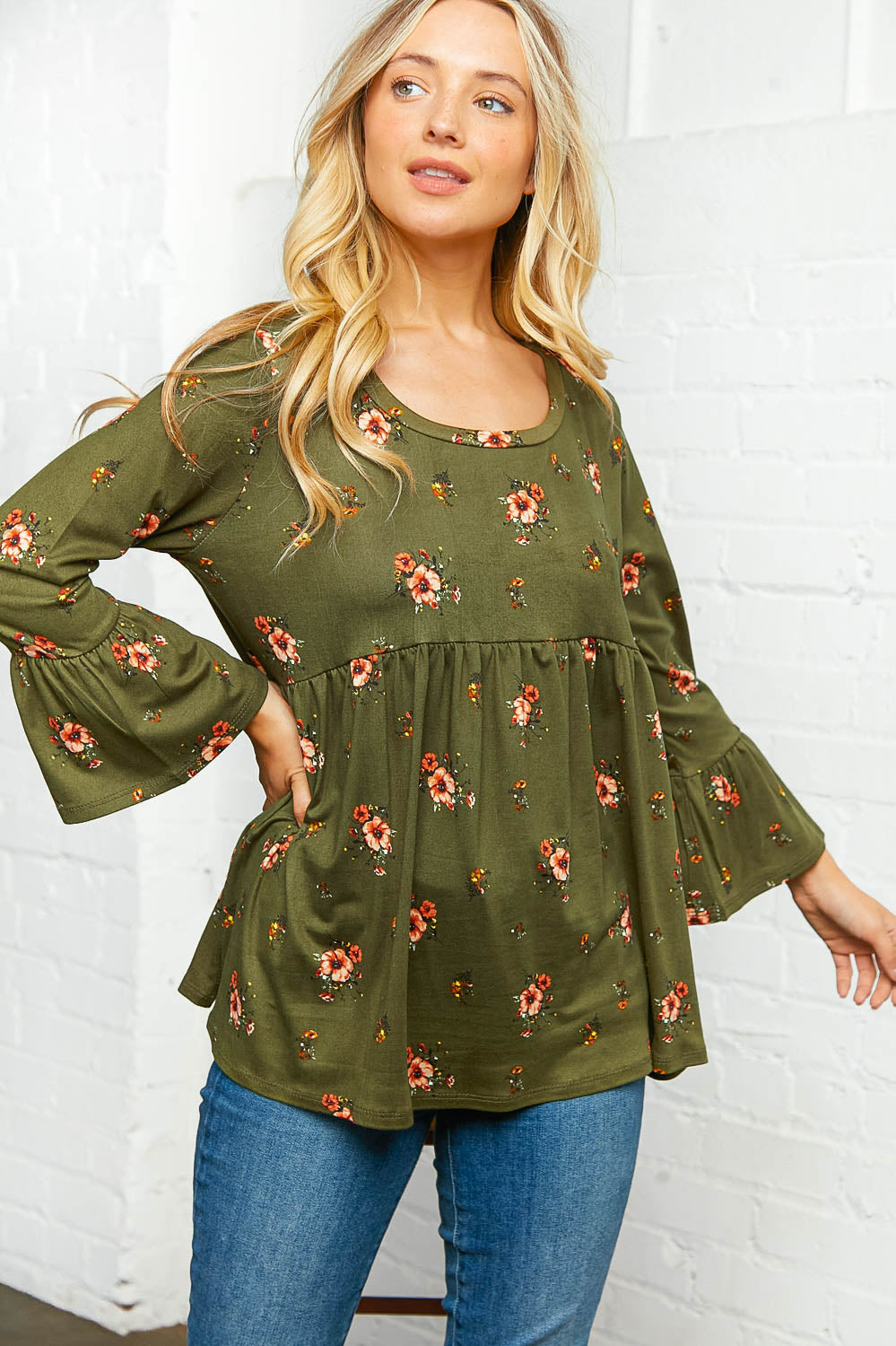 Olive Floral Bell Sleeve Babydoll Peplum Top