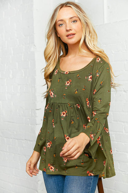 Olive Floral Bell Sleeve Babydoll Peplum Top