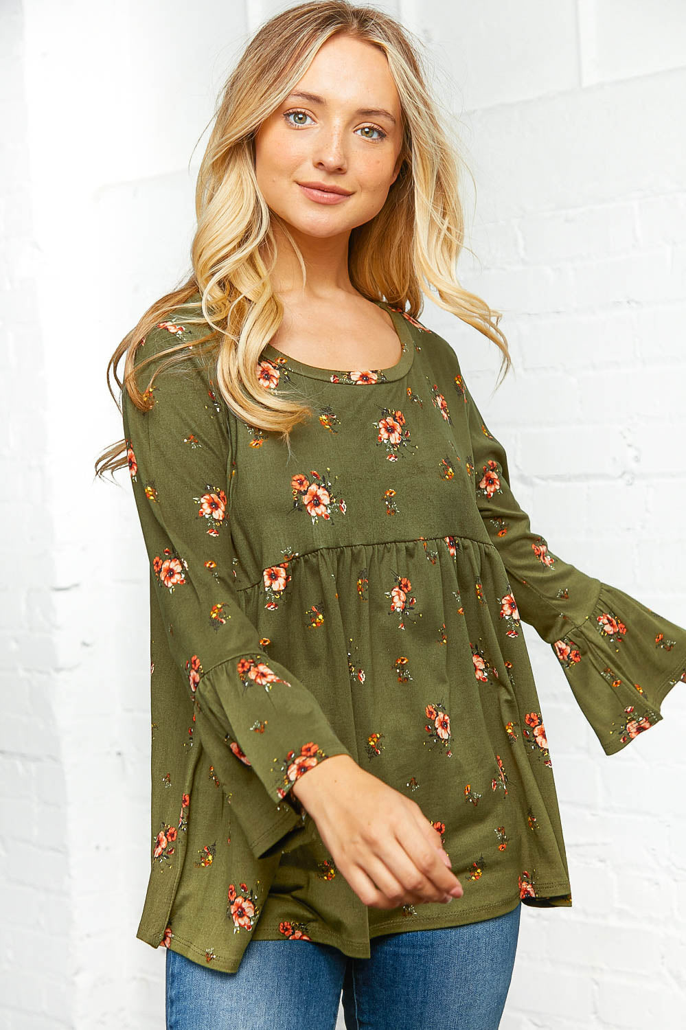 Olive Floral Bell Sleeve Babydoll Peplum Top