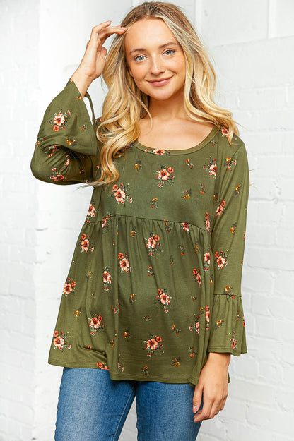 Olive Floral Bell Sleeve Babydoll Peplum Top