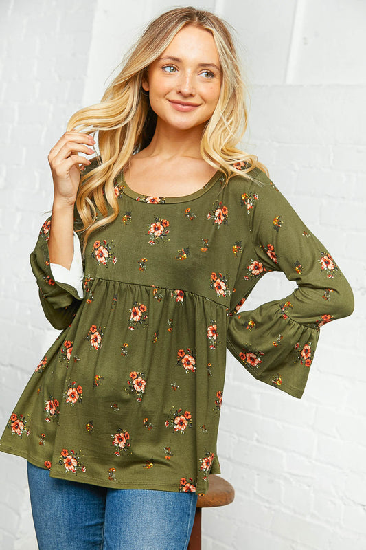 Olive Floral Bell Sleeve Babydoll Peplum Top