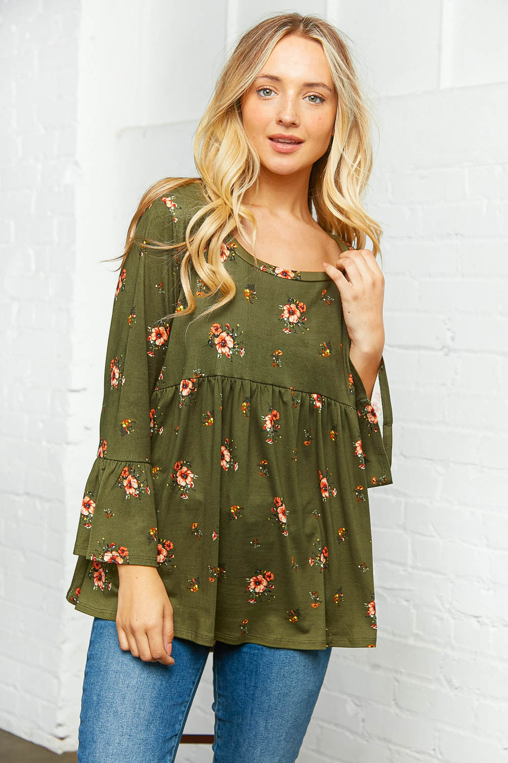 Olive Floral Bell Sleeve Babydoll Peplum Top