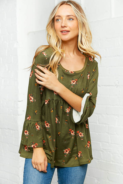 Olive Floral Bell Sleeve Babydoll Peplum Top