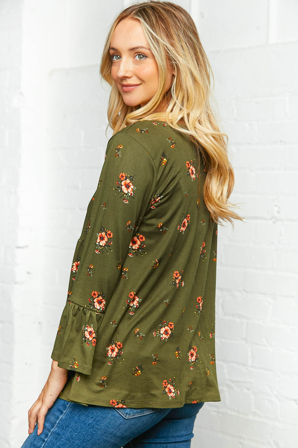 Olive Floral Bell Sleeve Babydoll Peplum Top