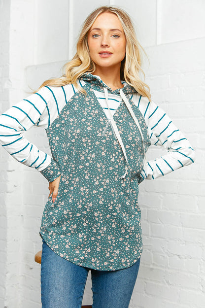 Floral and Stripe Cross Stitch Hoodie Pullover