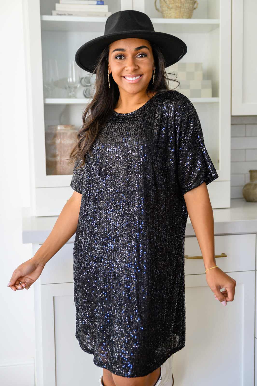 Alexandria Short Sleeve Sequin Dress In Black