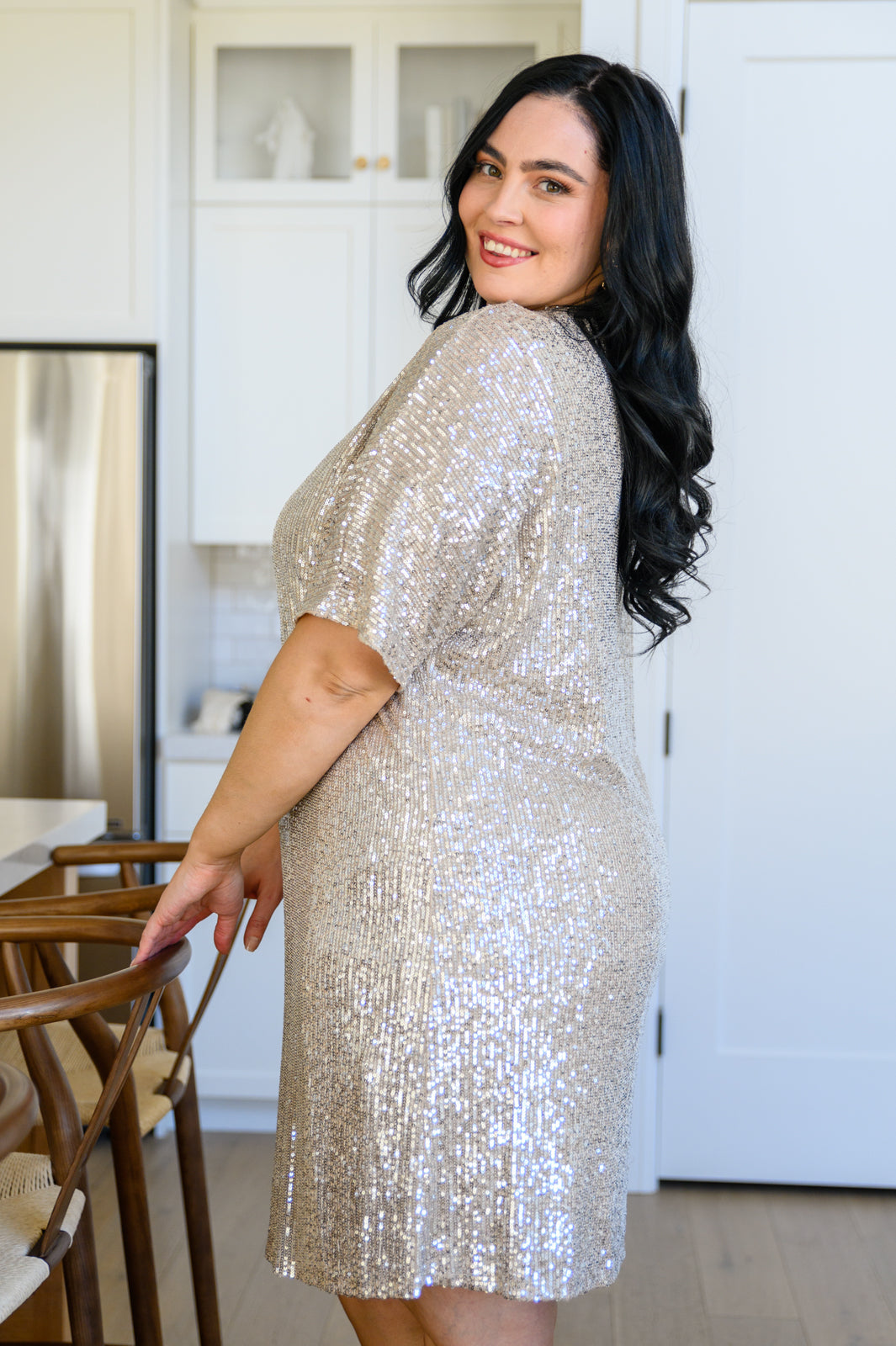 Alexandria Short Sleeve Sequin Dress In Taupe