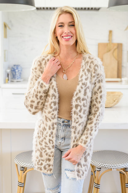 All Love Fuzzy Eyelash Knit Animal Print Cardigan