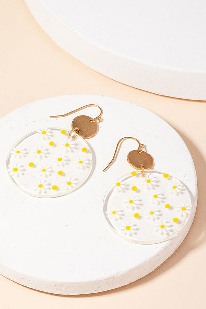 White Flower Power Clear Disc Earrings