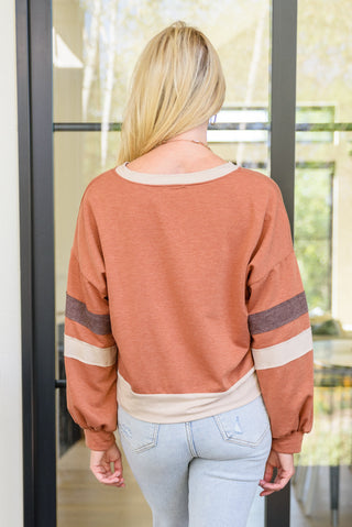 Back In Action Retro V-Neck Sweatshirt Top In Rust