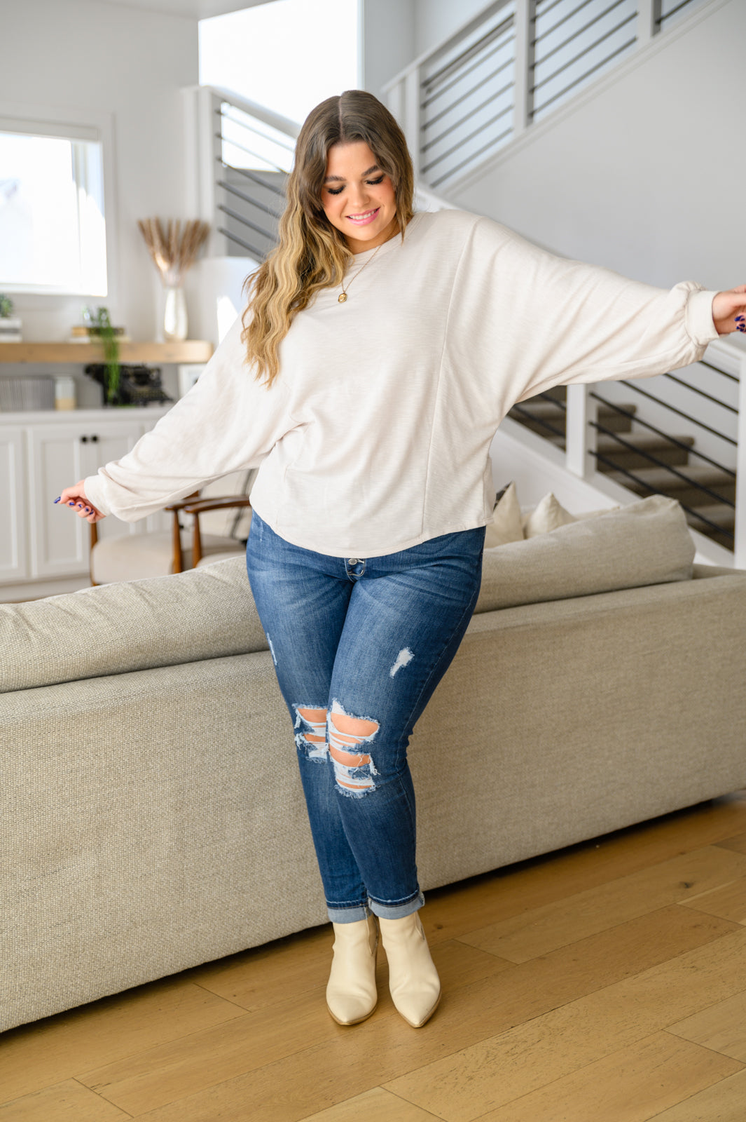 Brianne Long Sleeve Open Back Top In Ivory