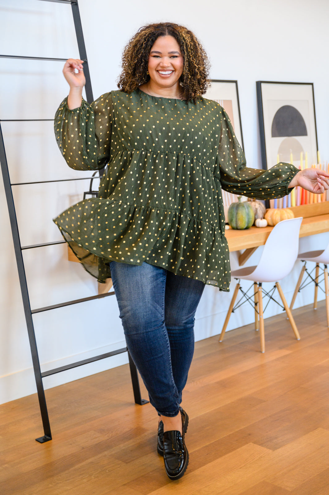 Coya Metallic Dot Tiered Blouse in Olive