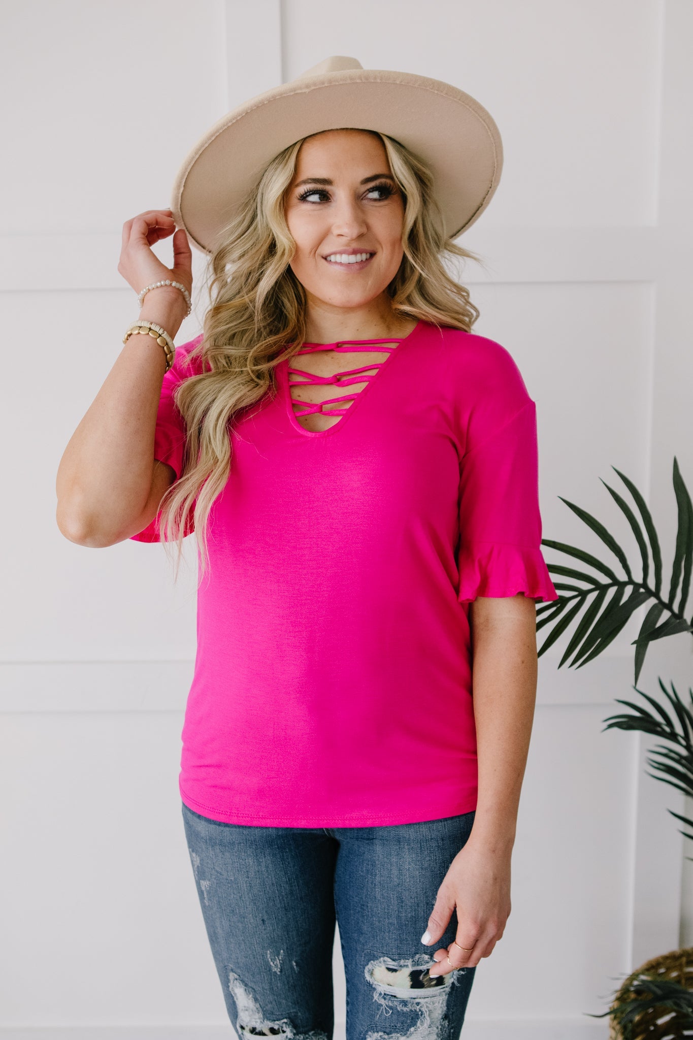 Crossing Wires Top in Fuchsia