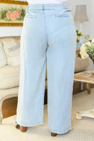 Darling High Waisted Solid Woven Pants in Denim