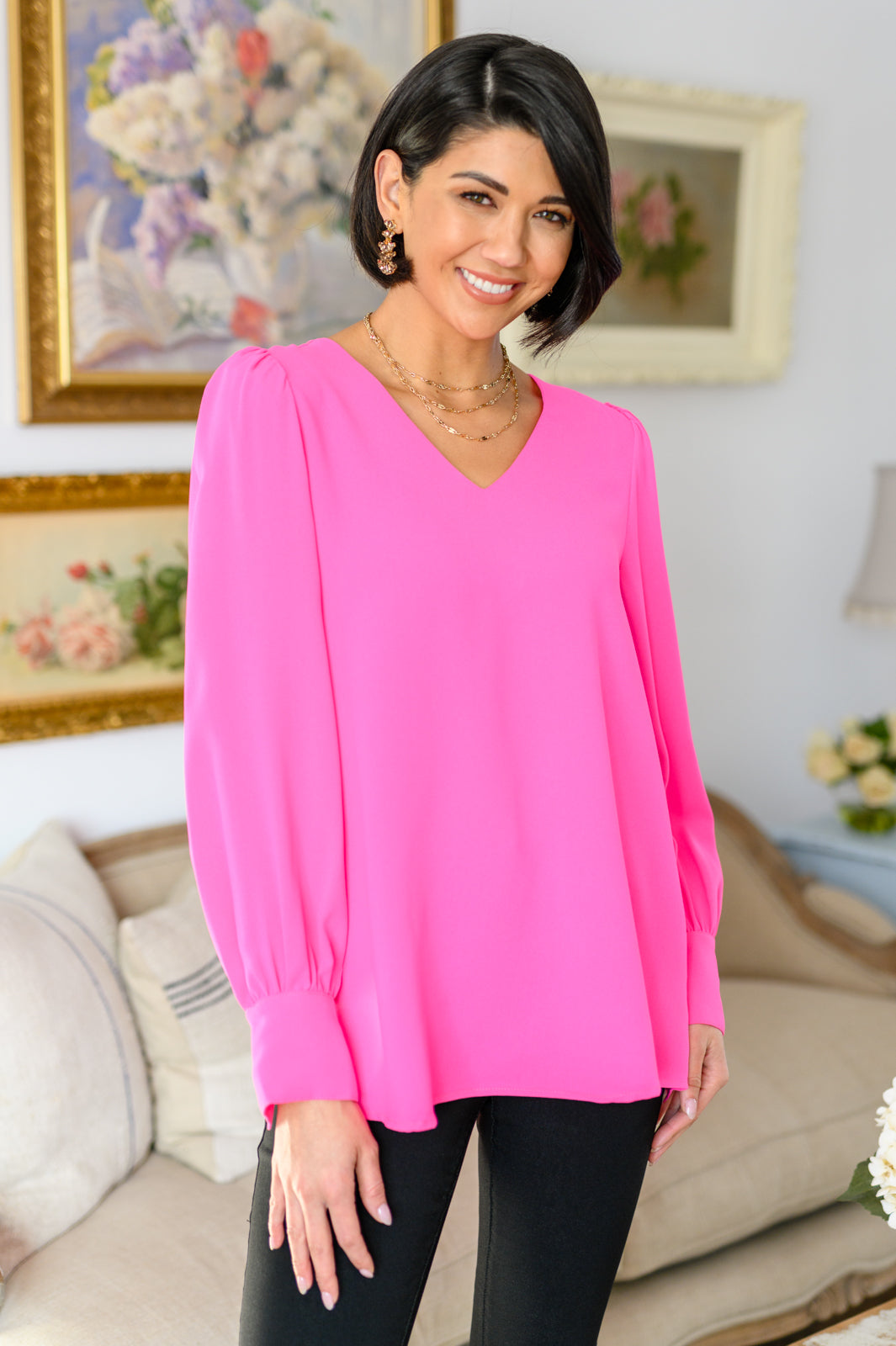 Foxglove Long Sleeve V Neck Blouse