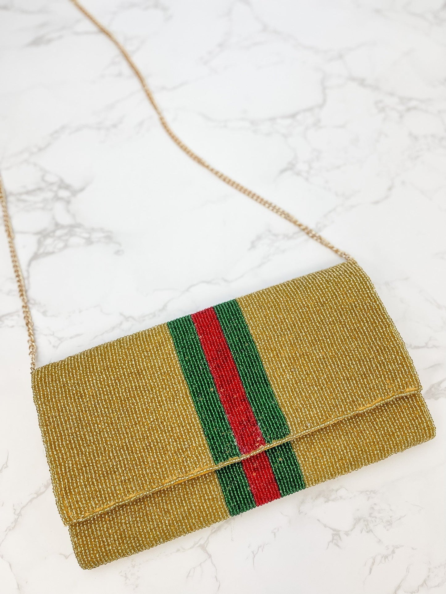 Green & Red Stripe Crossbody Chain Clutch in Gold