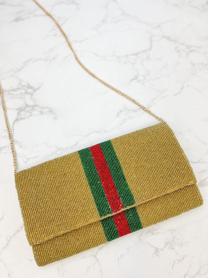 Green & Red Stripe Crossbody Chain Clutch in Gold