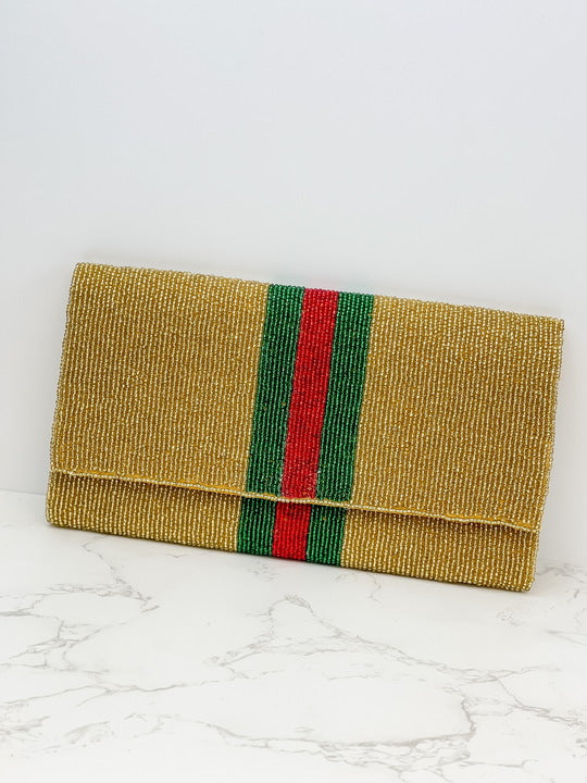 Green & Red Stripe Crossbody Chain Clutch in Gold