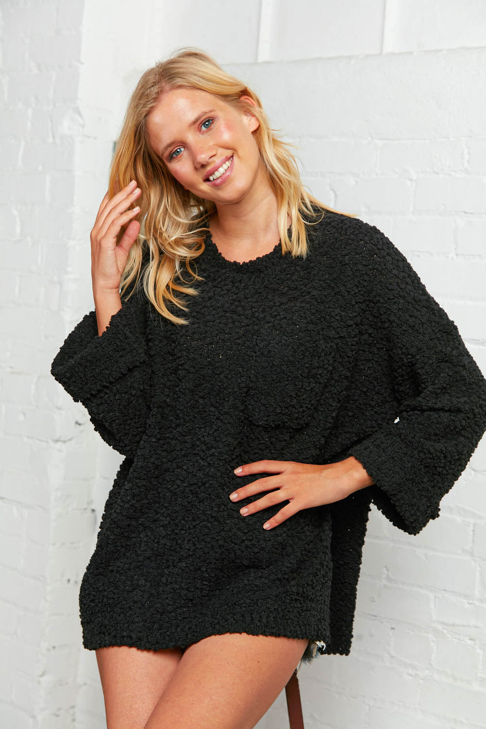 Black Loose Fit Popcorn Sweater with Pocket