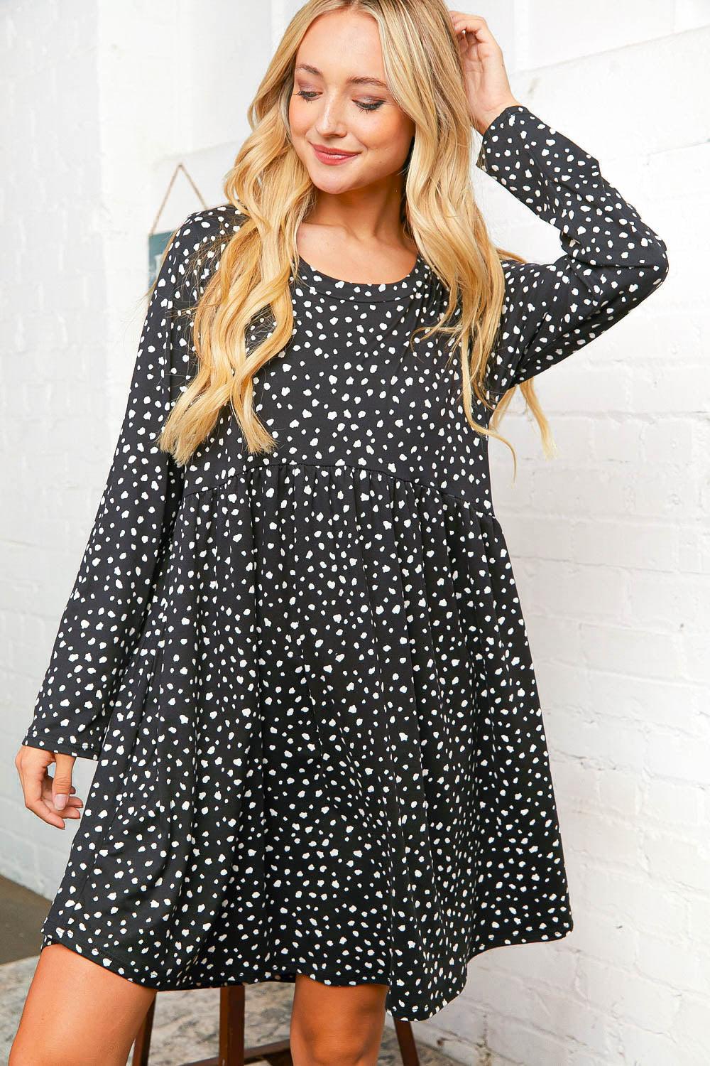 Black Dotted Animal Print Pocketed Babydoll Swing Dress