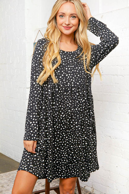 Black Dotted Animal Print Pocketed Babydoll Swing Dress