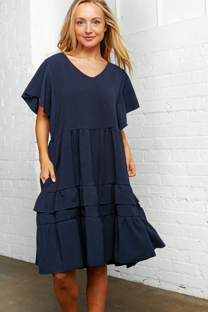 Navy Crepe V Neck Multi Tiered Woven Dress