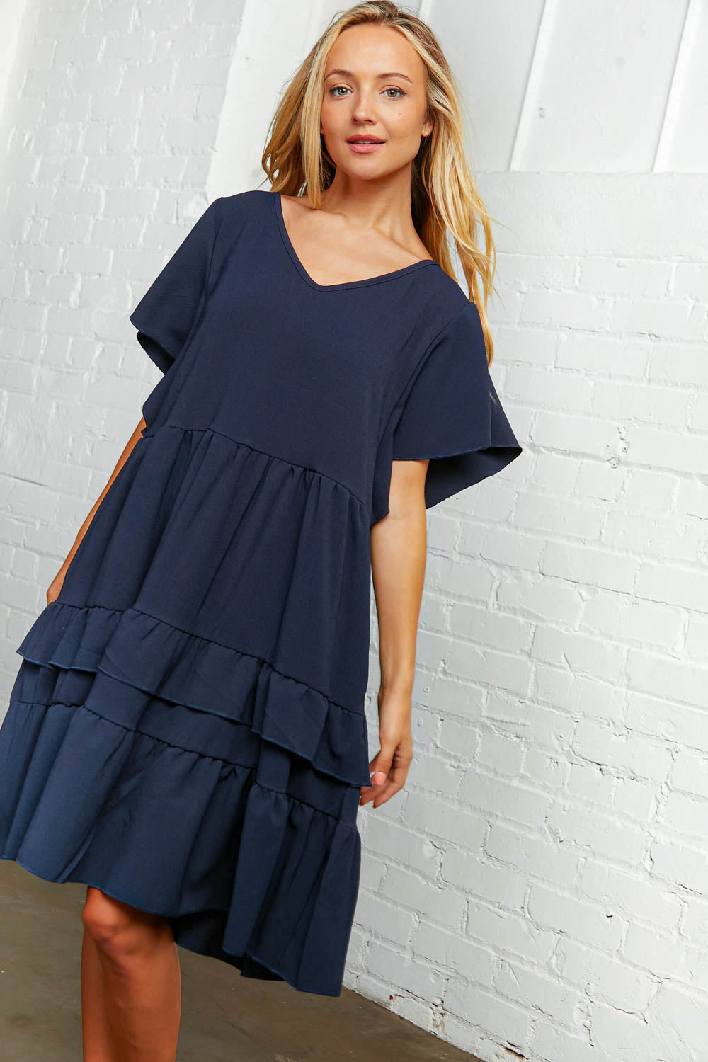 Navy Crepe V Neck Multi Tiered Woven Dress