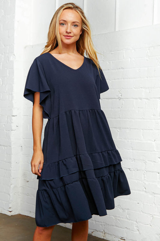 Navy Crepe V Neck Multi Tiered Woven Dress