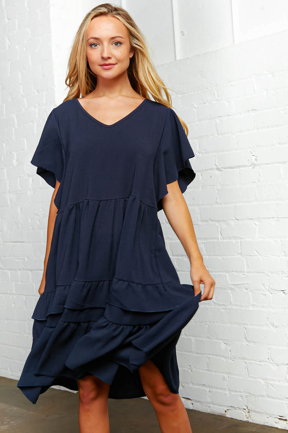 Navy Crepe V Neck Multi Tiered Woven Dress