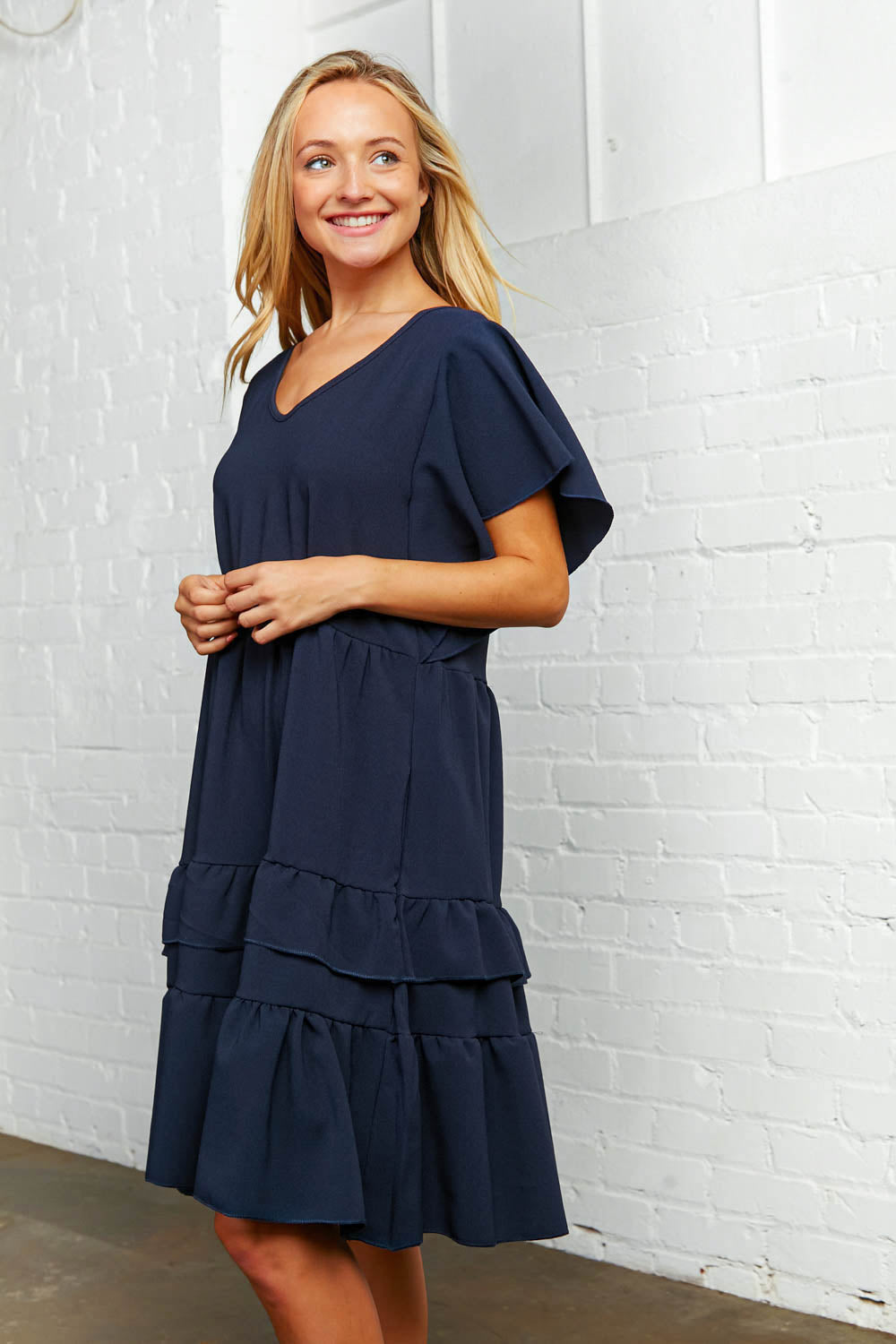 Navy Crepe V Neck Multi Tiered Woven Dress