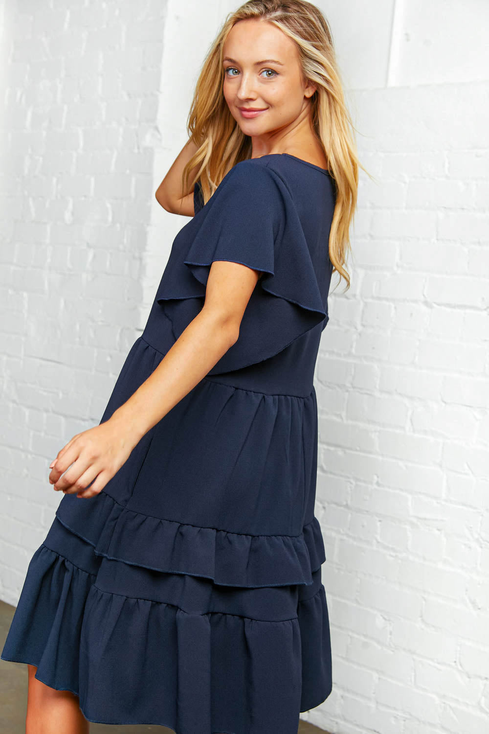 Navy Crepe V Neck Multi Tiered Woven Dress