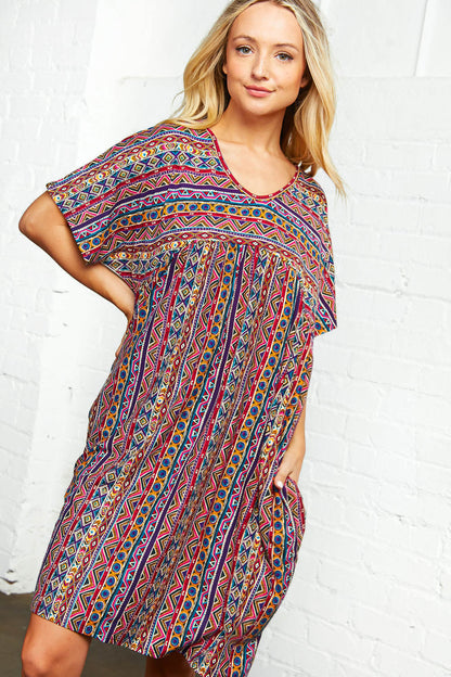 Boho Ethnic Babydoll V Neck Dress