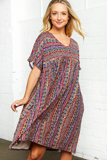 Boho Ethnic Babydoll V Neck Dress