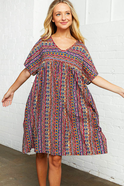 Boho Ethnic Babydoll V Neck Dress