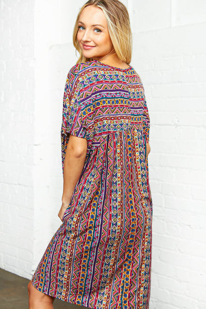 Boho Ethnic Babydoll V Neck Dress