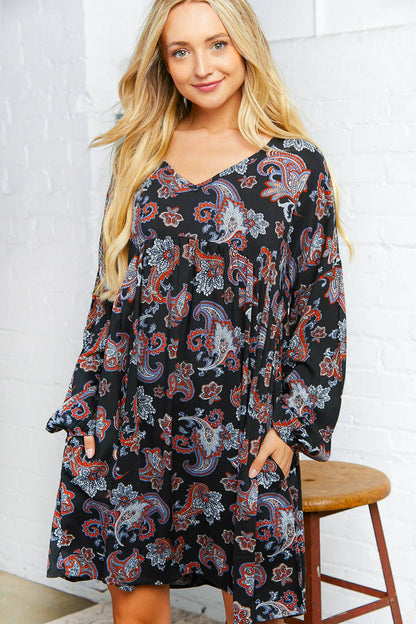 Paisley Bubble Sleeve Woven Tunic Dress