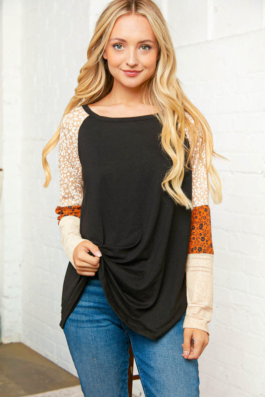 Leopard Floral Crochet Lace Long Sleeve Raglan Top