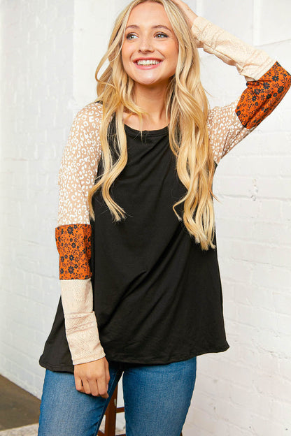 Leopard Floral Crochet Lace Long Sleeve Raglan Top