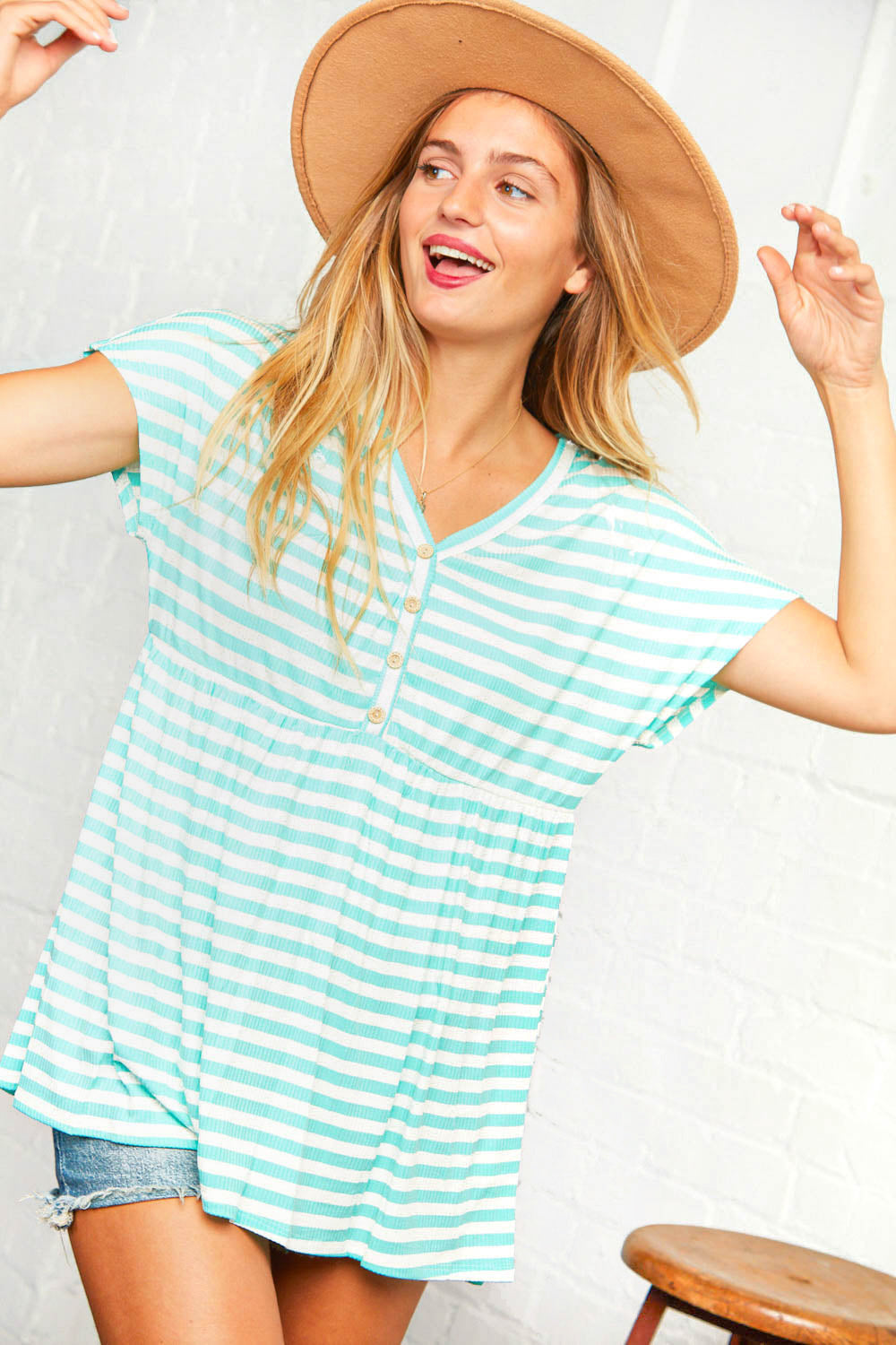 Mint Stripe Button Down Baby Doll Top