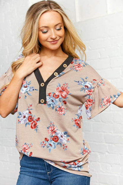 Floral V Neck Button Ruffle Bell Sleeve Top