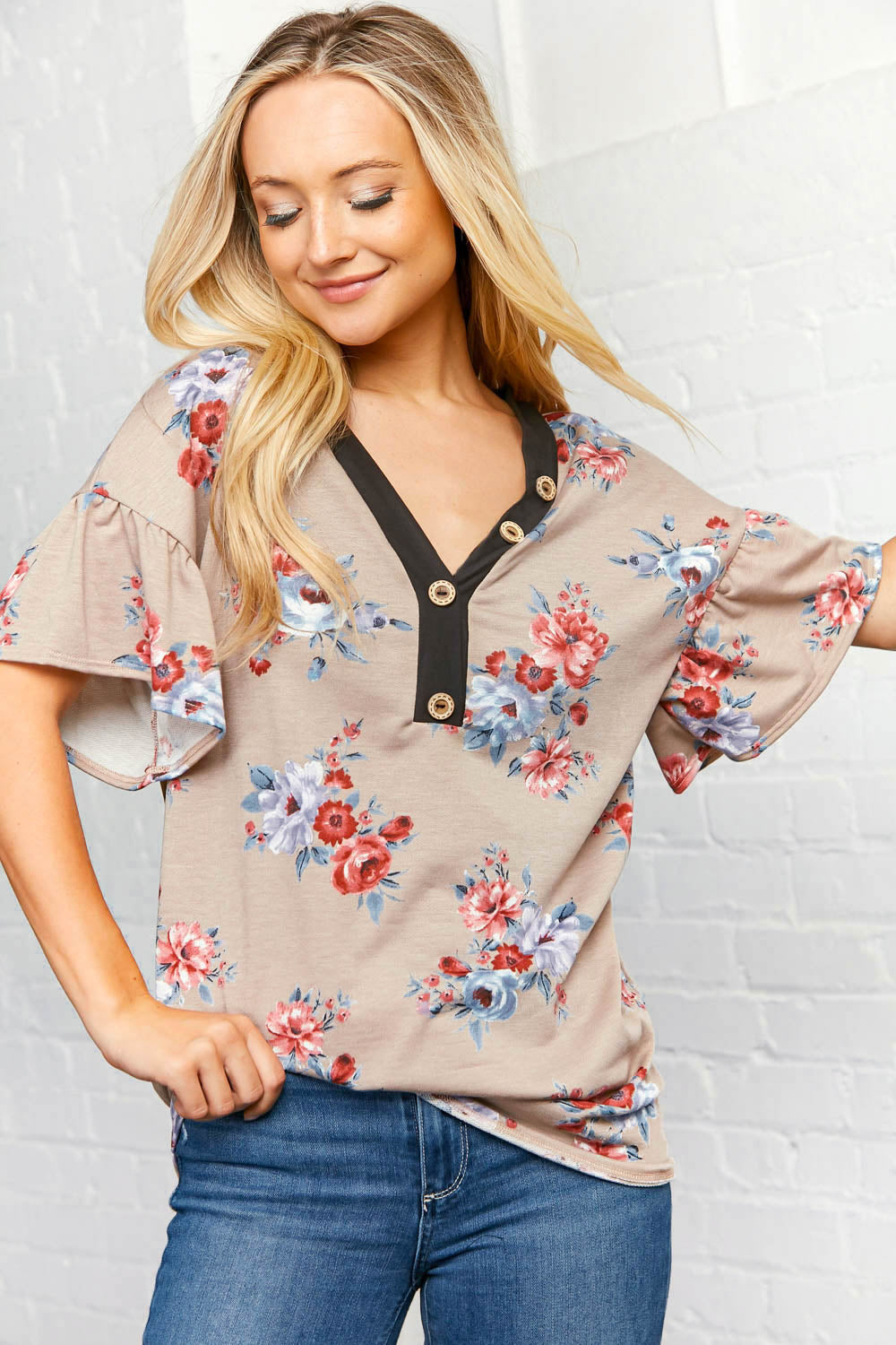 Floral V Neck Button Ruffle Bell Sleeve Top