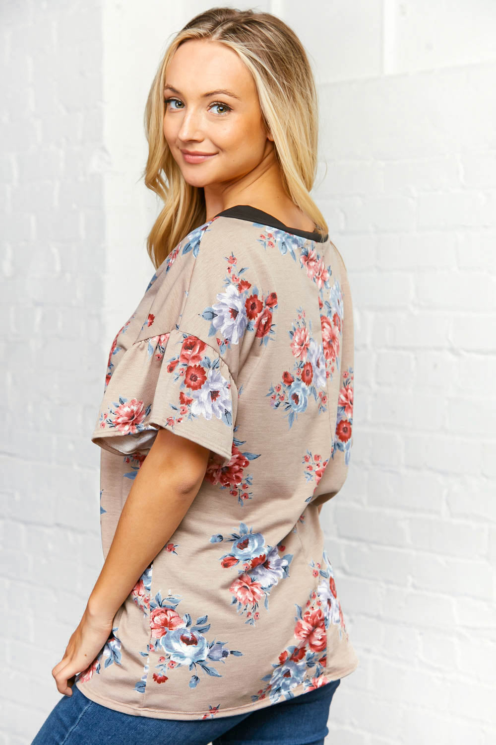 Floral V Neck Button Ruffle Bell Sleeve Top