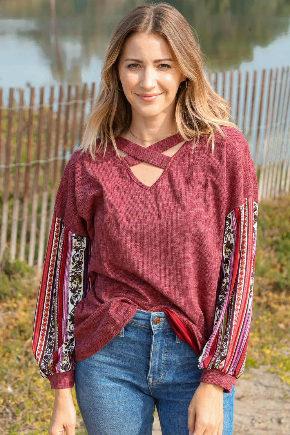 Thermal Criss Cross Neck Vertical Tribal Top