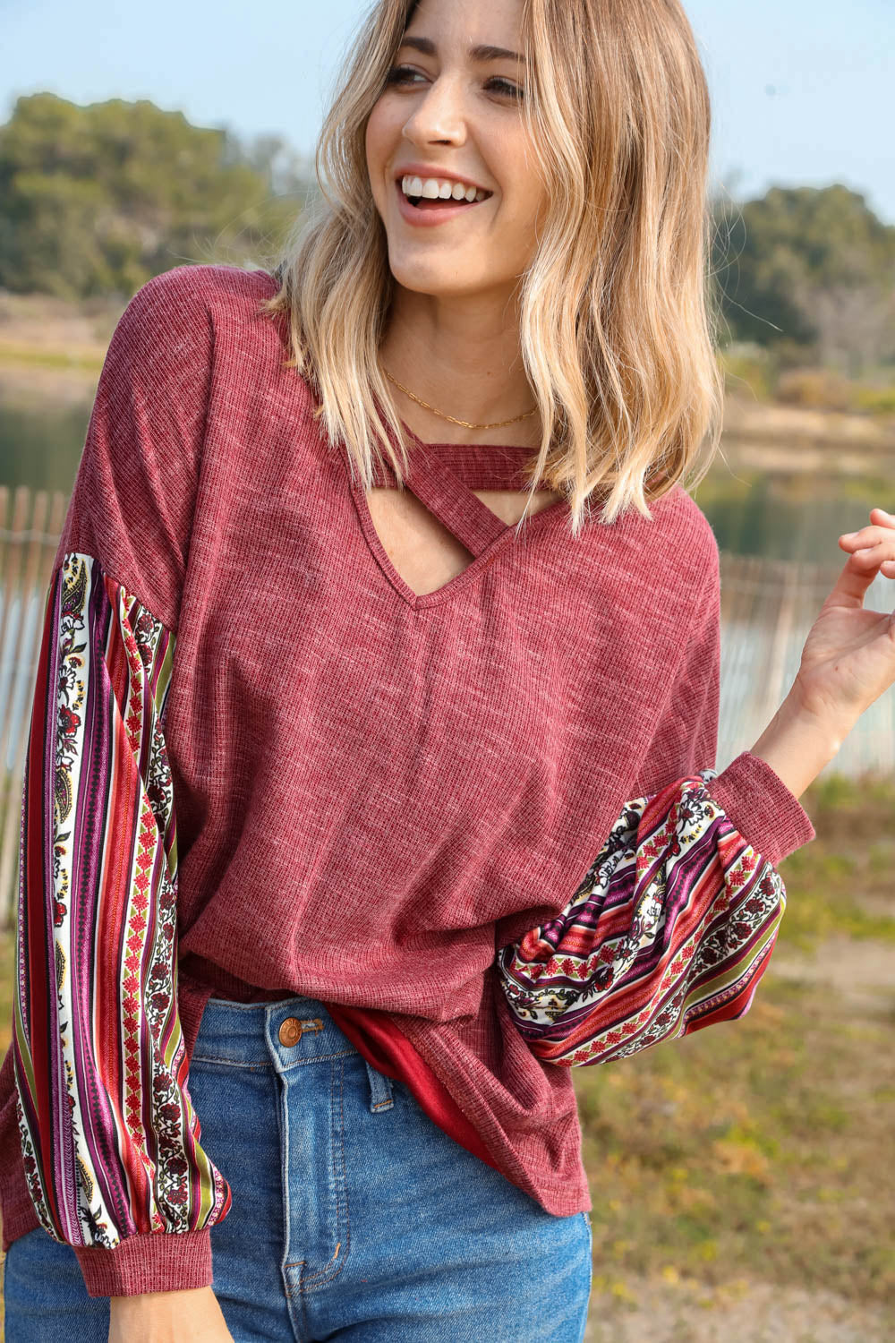 Thermal Criss Cross Neck Vertical Tribal Top