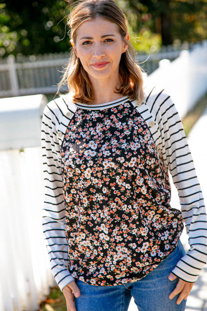 Ditzy Floral Raglan Button Detail Top