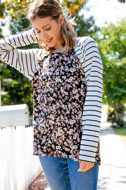 Ditzy Floral Raglan Button Detail Top