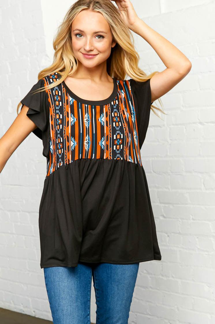 Black Bohemian Print Ruffled Sleeve Top