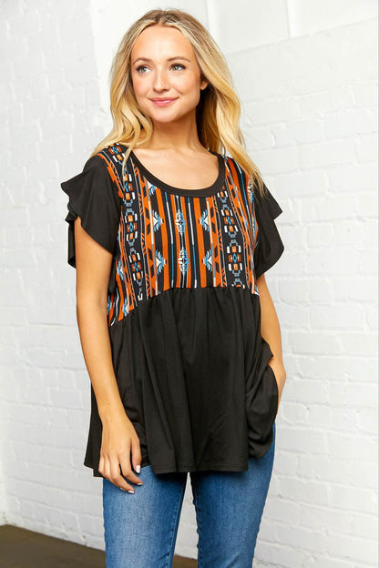 Black Bohemian Print Ruffled Sleeve Top