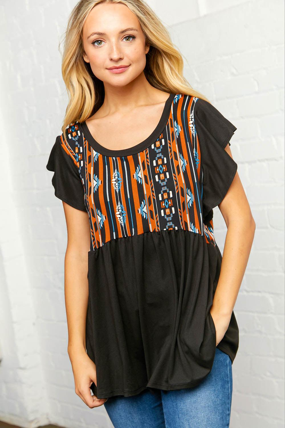 Black Bohemian Print Ruffled Sleeve Top